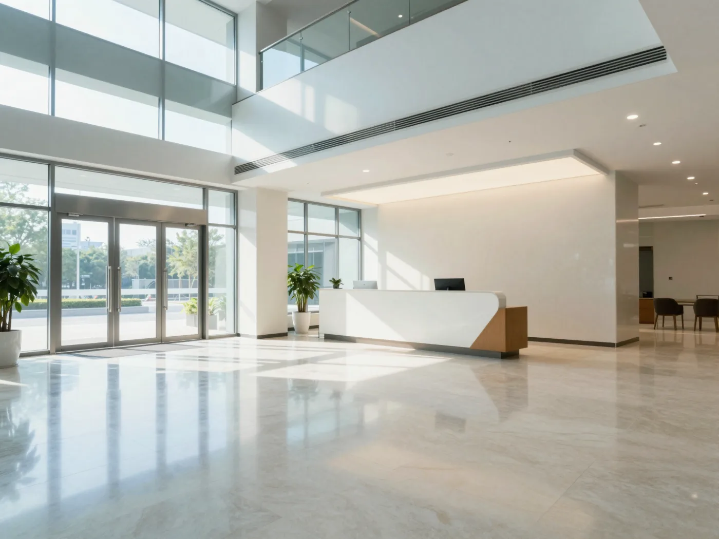 Bright commercial lobby with polished floors