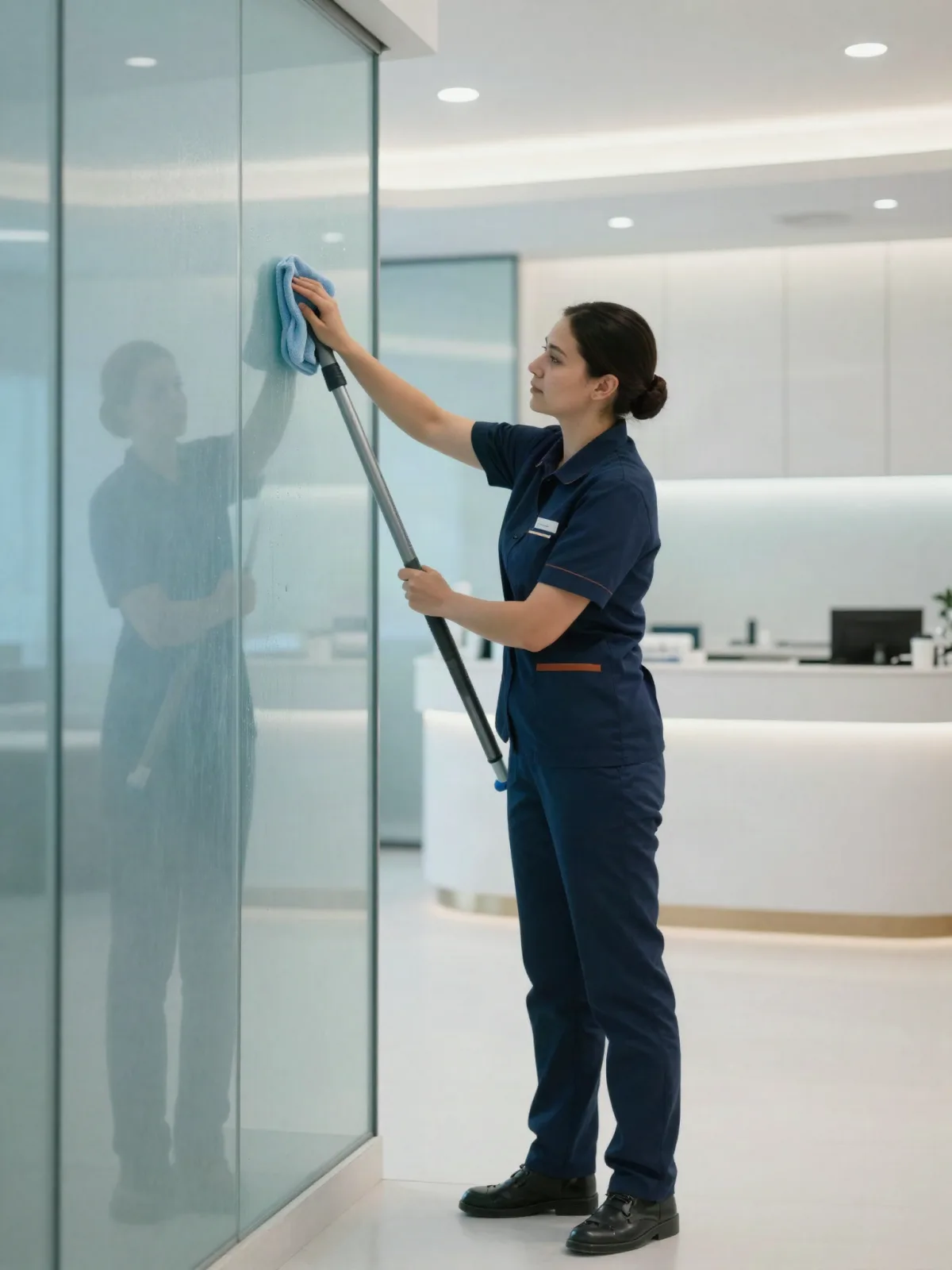 Spotless cleaner polishing a glass reception desk in a premium office lobby