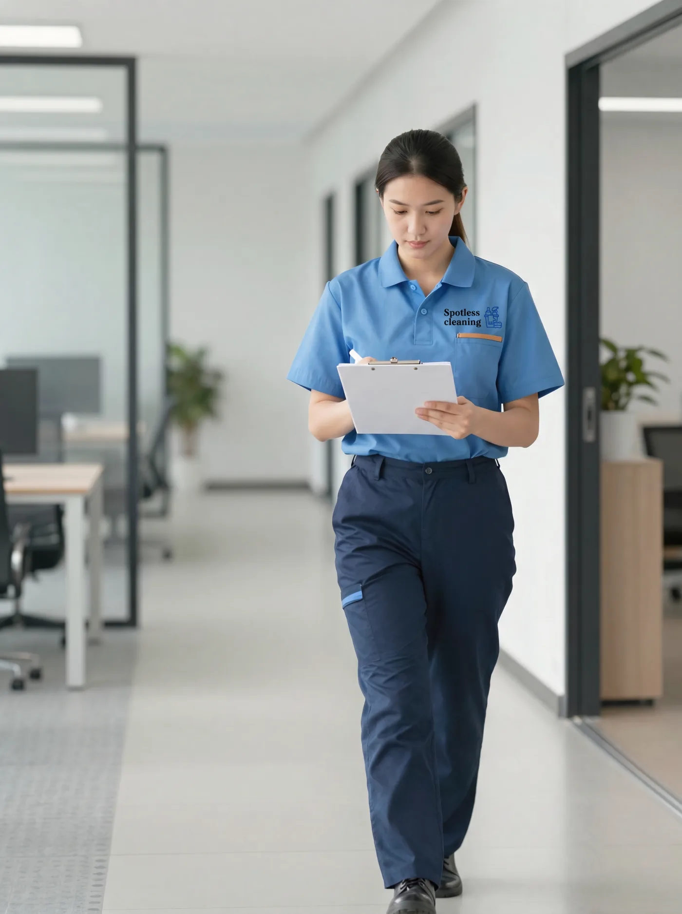 Spotless supervisor reviewing a cleaning checklist during a walkthrough